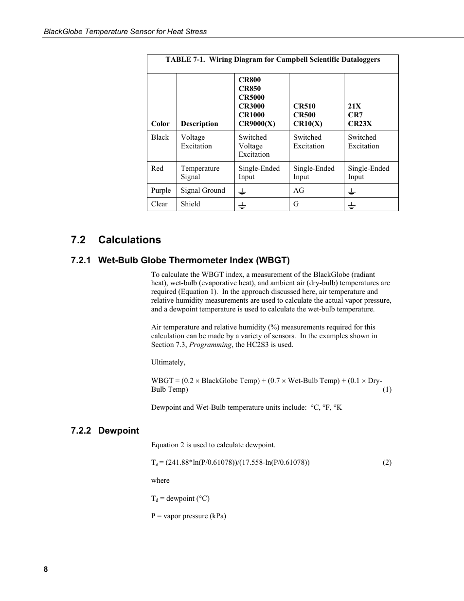 2 calculations, 1 wet-bulb globe thermometer index (wbgt), 2 dewpoint | Calculations, Wet-bulb globe thermometer index (wbgt), Dewpoint | Campbell Scientific BlackGlobe Temperature Sensor for Heat Stress User Manual | Page 14 / 32