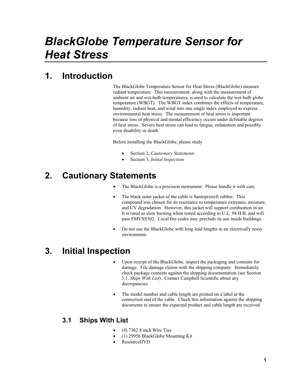 Introduction, Cautionary statements, Initial inspection | 1 ships with list, Ships with list, Blackglobe temperature sensor for heat stress | Campbell Scientific BlackGlobe Temperature Sensor for Heat Stress User Manual | Page 7 / 32