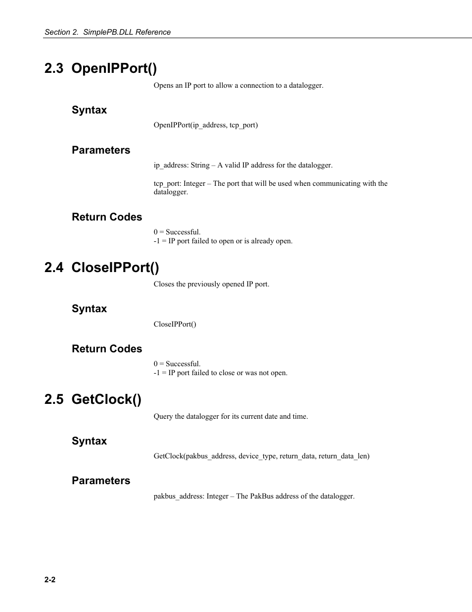 3 openipport(), Syntax, Parameters | Return codes, 4 closeipport(), 5 getclock() | Campbell Scientific BMP5 Direct SDK User Manual | Page 12 / 32