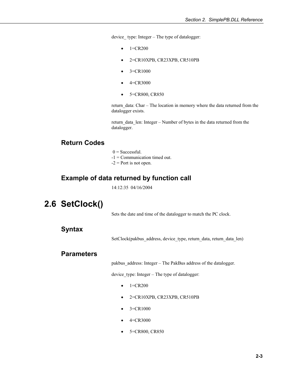 Return codes, Example of data returned by function call, 6 setclock() | Syntax, Parameters | Campbell Scientific BMP5 Direct SDK User Manual | Page 13 / 32