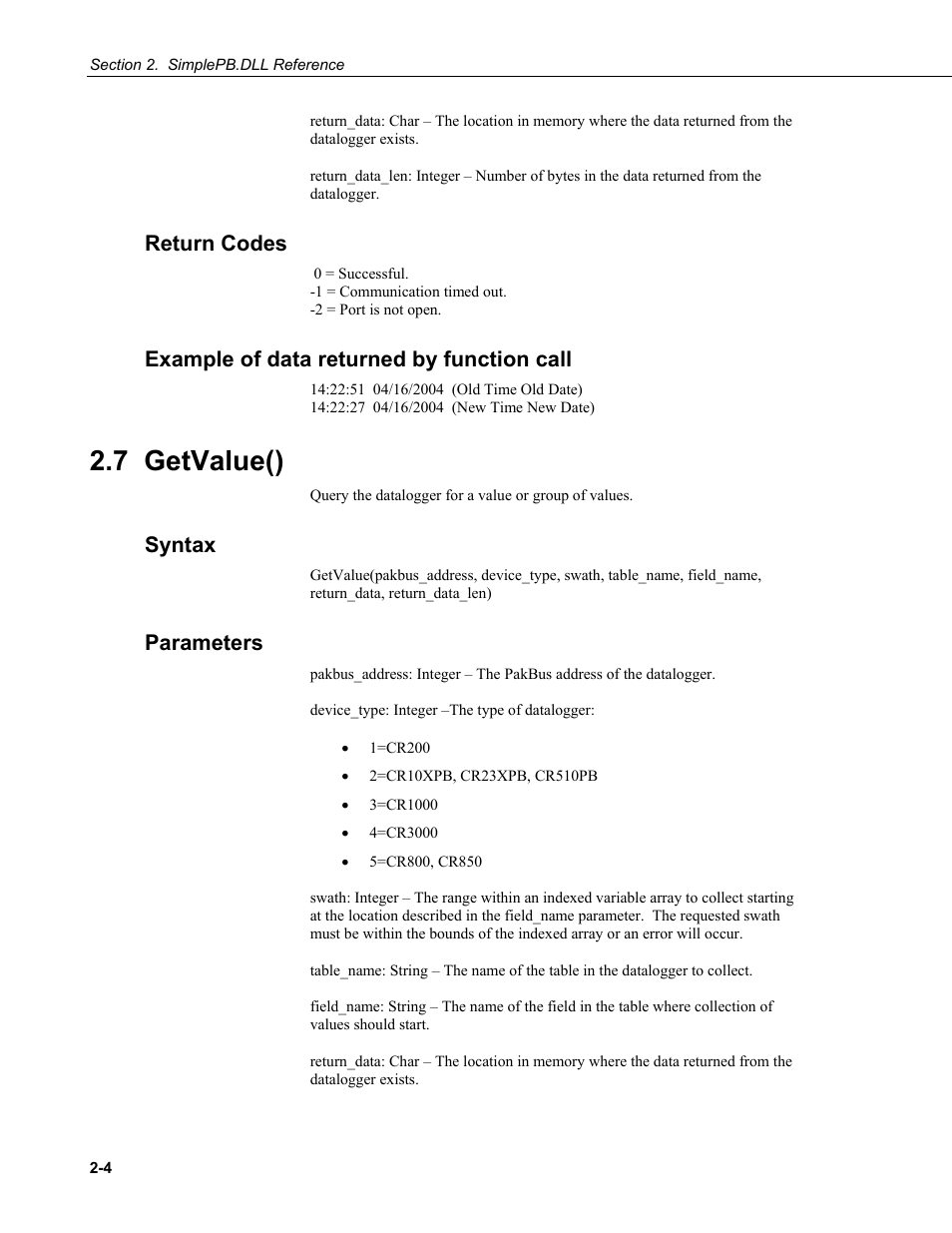 Return codes, Example of data returned by function call, 7 getvalue() | Syntax, Parameters | Campbell Scientific BMP5 Direct SDK User Manual | Page 14 / 32