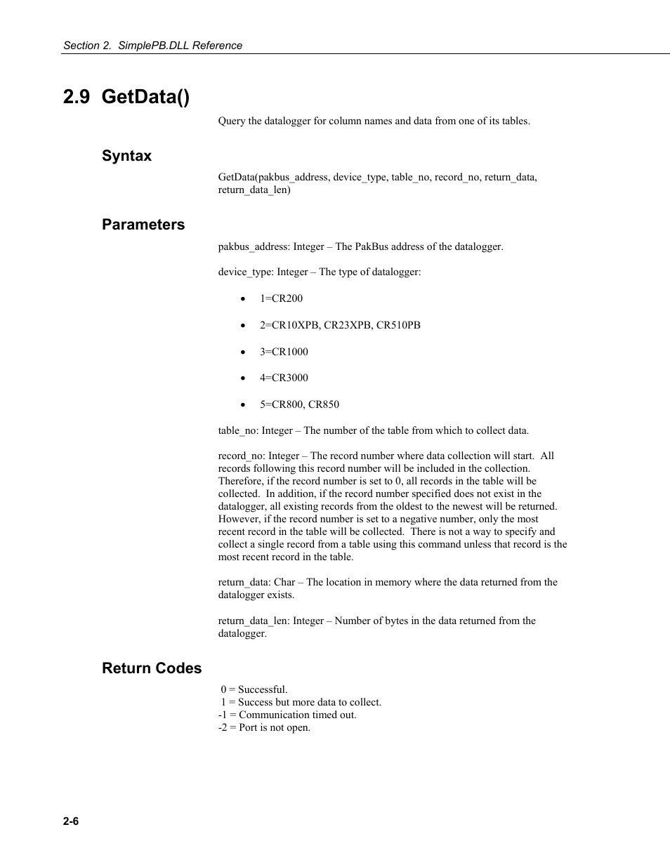 9 getdata(), Syntax, Parameters | Return codes | Campbell Scientific BMP5 Direct SDK User Manual | Page 16 / 32