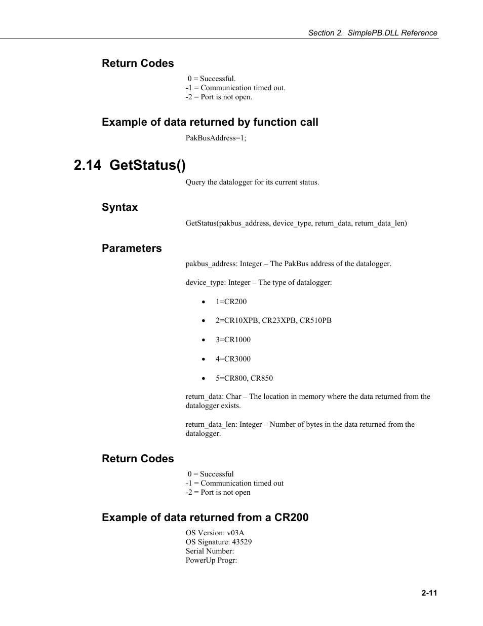 Return codes, Example of data returned by function call, 14 getstatus() | Syntax, Parameters, Example of data returned from a cr200 | Campbell Scientific BMP5 Direct SDK User Manual | Page 21 / 32