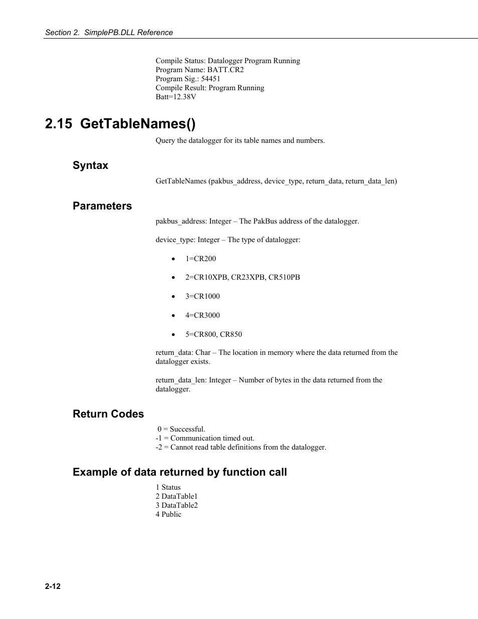 15 gettablenames(), Syntax, Parameters | Return codes, Example of data returned by function call | Campbell Scientific BMP5 Direct SDK User Manual | Page 22 / 32