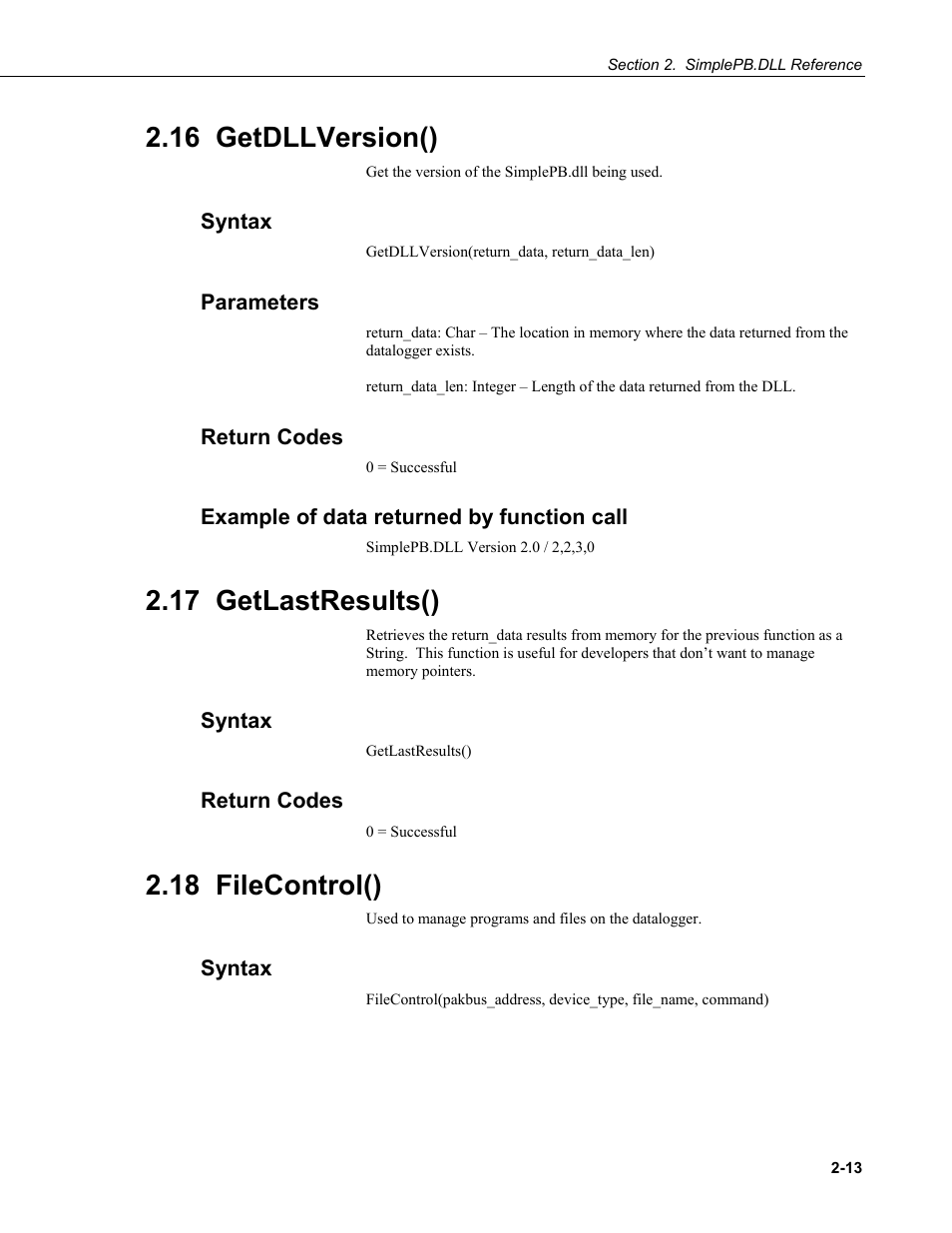 16 getdllversion(), Syntax, Parameters | Return codes, Example of data returned by function call, 17 getlastresults(), 18 filecontrol() | Campbell Scientific BMP5 Direct SDK User Manual | Page 23 / 32