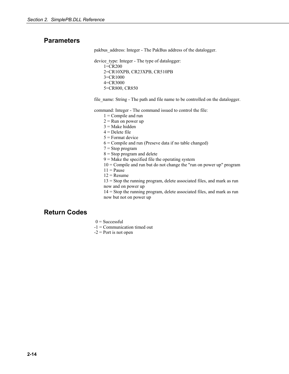 Parameters, Return codes | Campbell Scientific BMP5 Direct SDK User Manual | Page 24 / 32