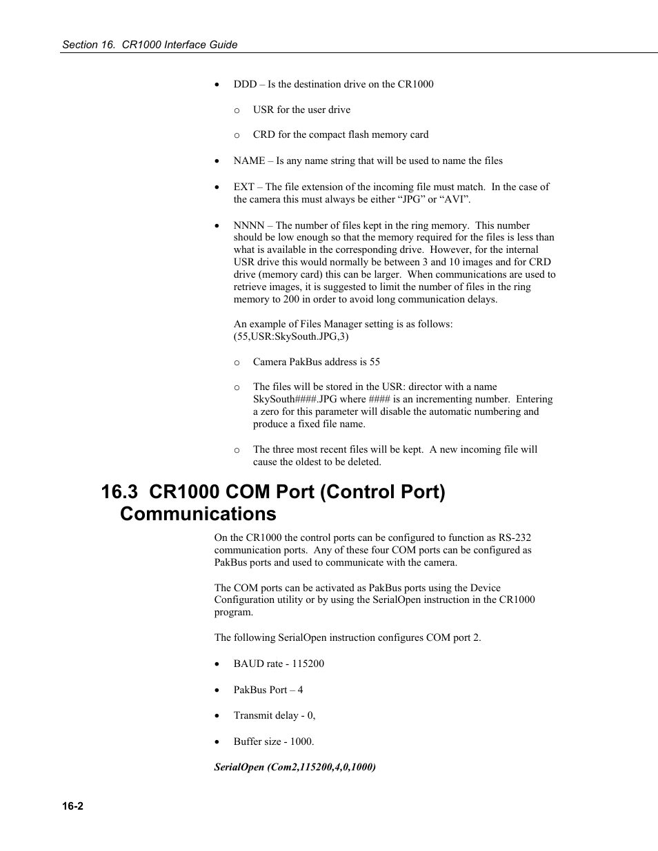 3 cr1000 com port (control port) communications, Cr1000 com port (control port) communications | Campbell Scientific CC5MPX and CC5MPXWD Digital Network Cameras User Manual | Page 100 / 130