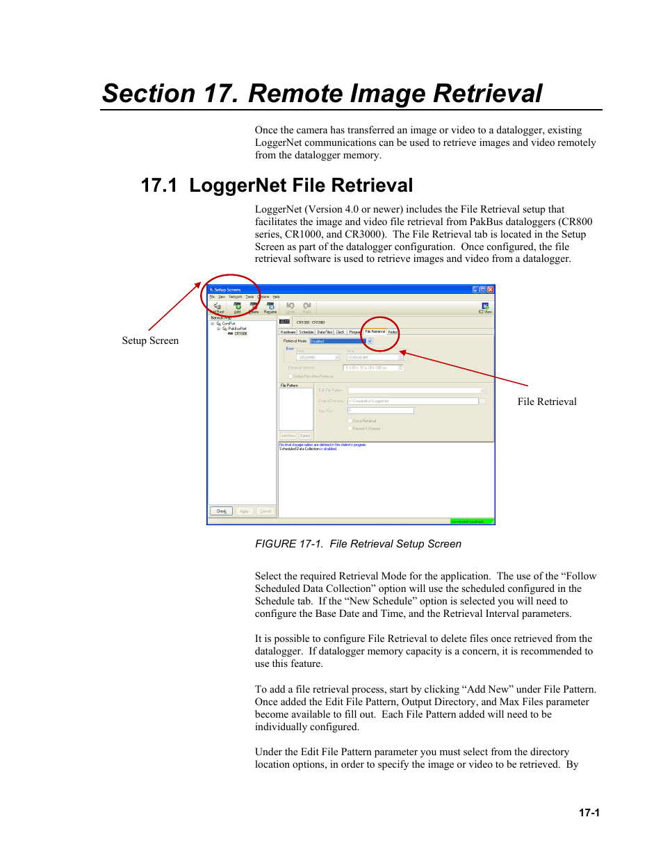 Section 17. remote image retrieval, 1 loggernet file retrieval, Remote image retrieval | Loggernet file retrieval -1, Figure 17-1. file retrieval setup screen -1 | Campbell Scientific CC5MPX and CC5MPXWD Digital Network Cameras User Manual | Page 101 / 130