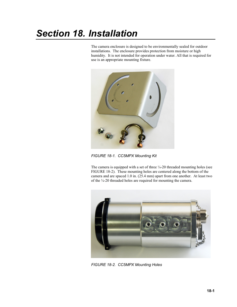 Section 18. installation, Installation, Figure 18-1. cc5mpx mounting kit -1 | Figure 18-2. cc5mpx mounting holes -1 | Campbell Scientific CC5MPX and CC5MPXWD Digital Network Cameras User Manual | Page 105 / 130