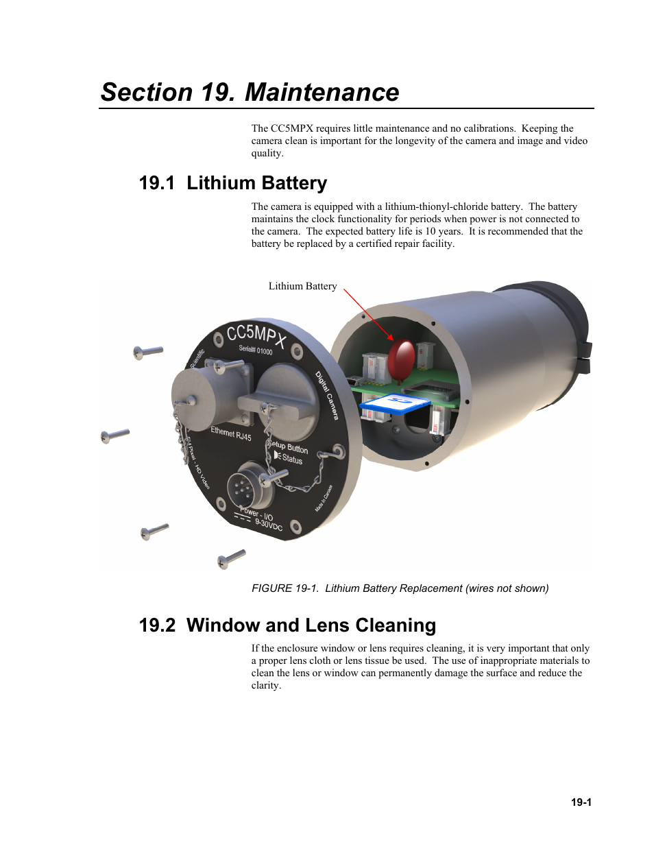 Section 19. maintenance, 1 lithium battery, 2 window and lens cleaning | Maintenance -1, Lithium battery -1, Window and lens cleaning -1 | Campbell Scientific CC5MPX and CC5MPXWD Digital Network Cameras User Manual | Page 107 / 130