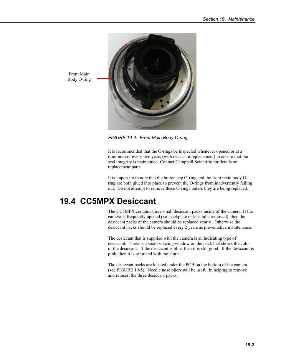 4 cc5mpx desiccant, Cc5mpx desiccant -3, Figure 19-4. front main body o-ring | Campbell Scientific CC5MPX and CC5MPXWD Digital Network Cameras User Manual | Page 109 / 130