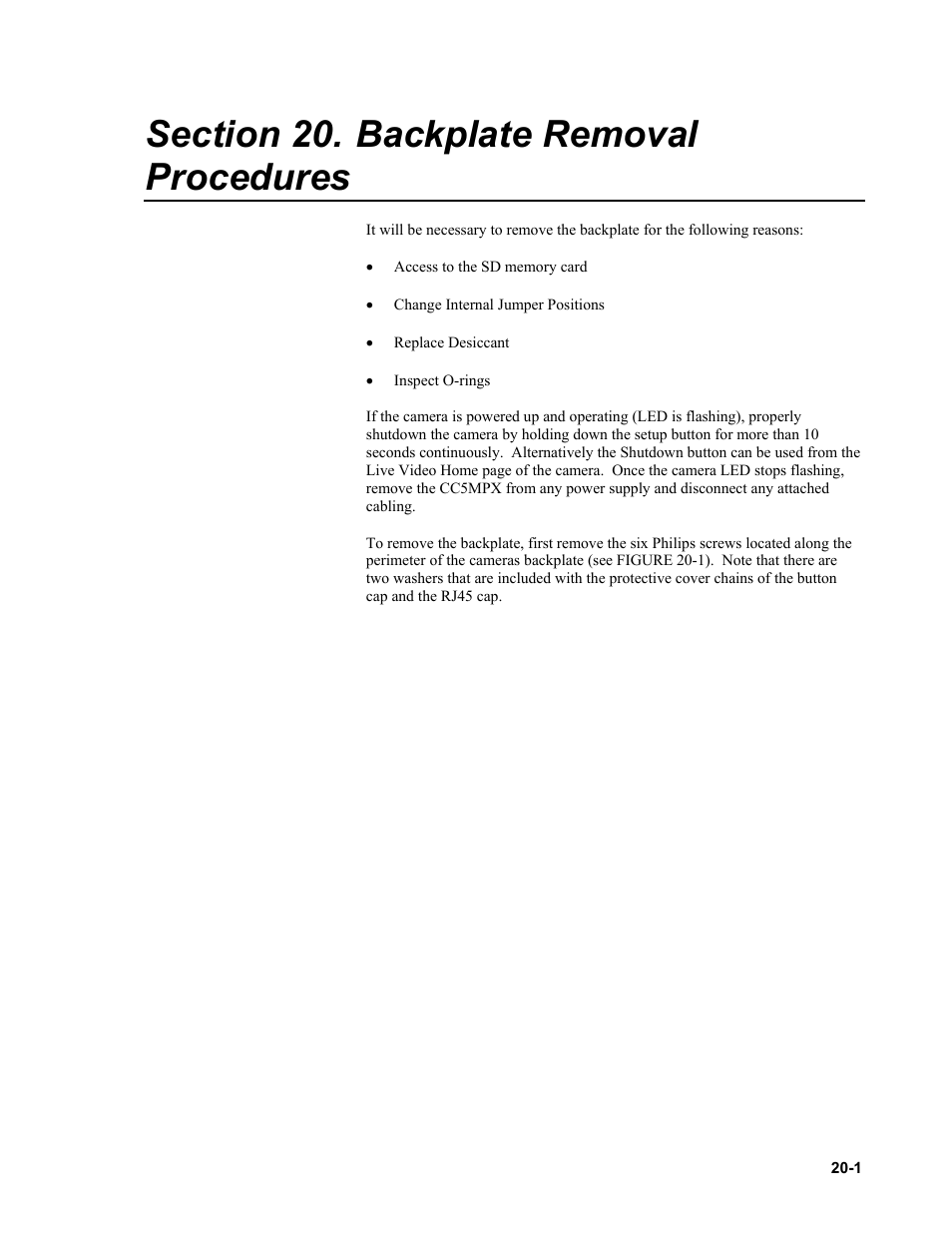 Section 20. backplate removal procedures, Backplate removal procedures -1 | Campbell Scientific CC5MPX and CC5MPXWD Digital Network Cameras User Manual | Page 111 / 130
