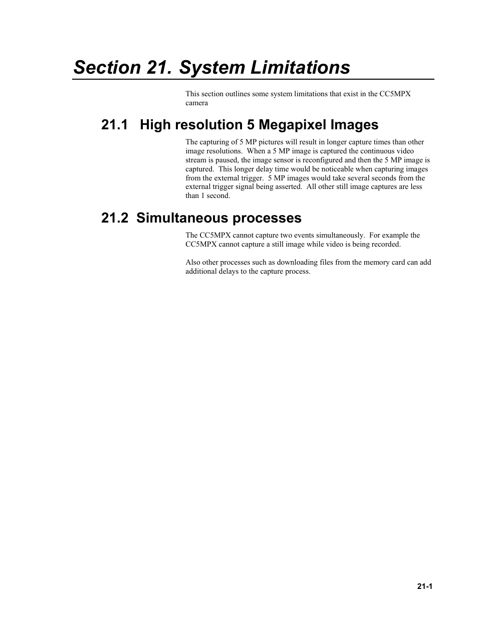 Section 21. system limitations, 1 high resolution 5 megapixel images, 2 simultaneous processes | System limitations, High resolution 5 megapixel images -1, Simultaneous processes -1 | Campbell Scientific CC5MPX and CC5MPXWD Digital Network Cameras User Manual | Page 115 / 130