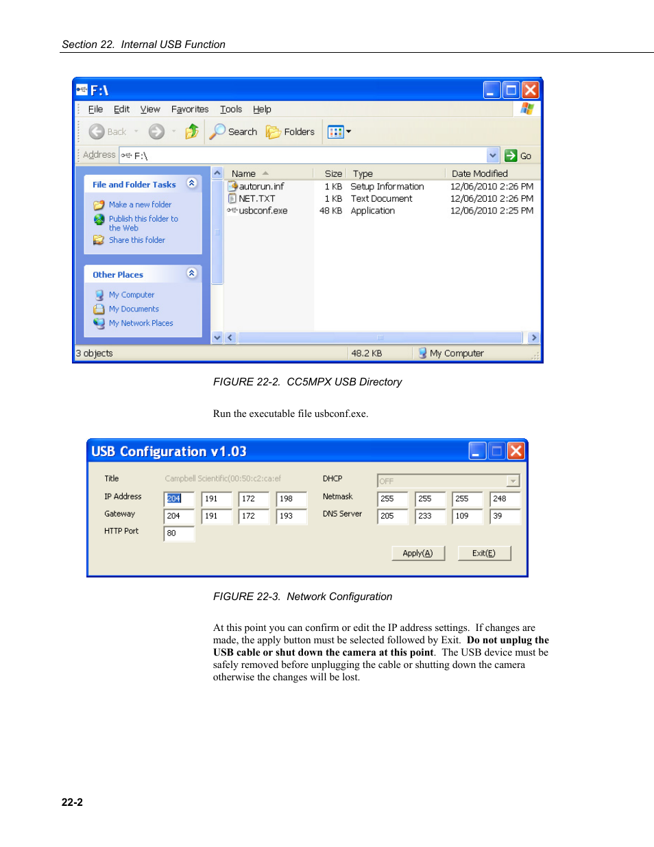 Figure 22-2. cc5mpx usb directory -2, Figure 22-3. network configuration -2 | Campbell Scientific CC5MPX and CC5MPXWD Digital Network Cameras User Manual | Page 118 / 130