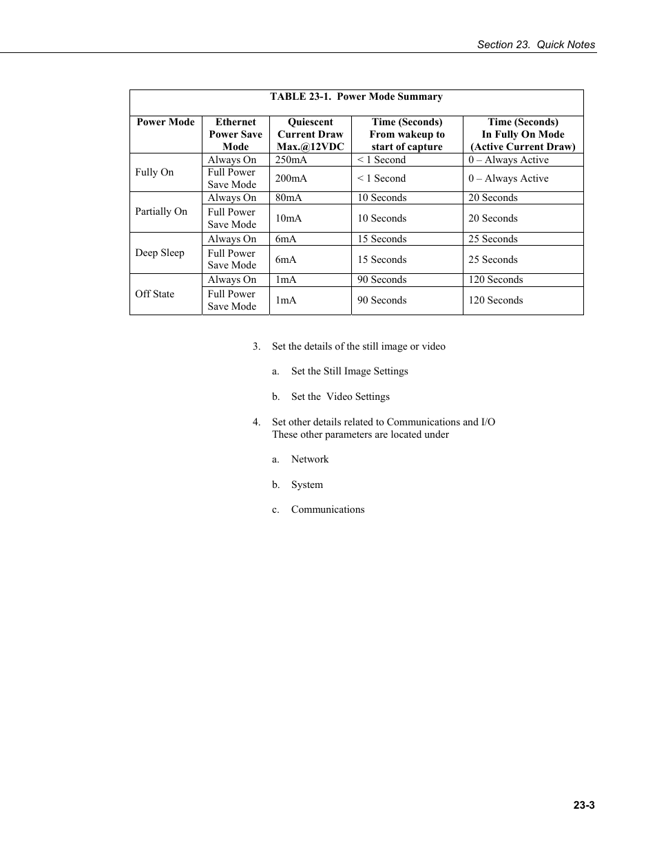 Table 23-1. power mode summary -3 | Campbell Scientific CC5MPX and CC5MPXWD Digital Network Cameras User Manual | Page 121 / 130