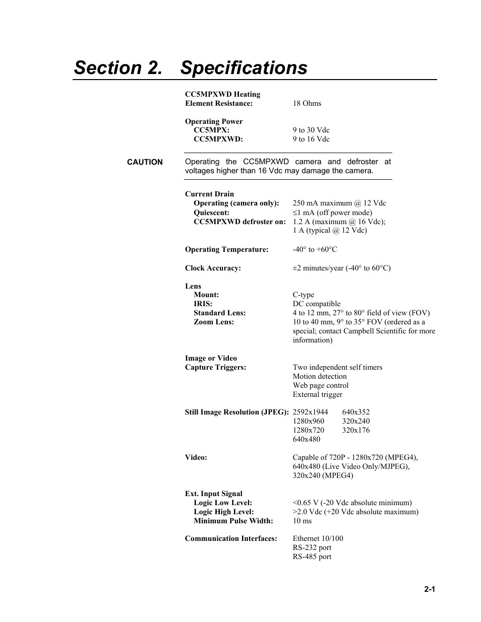 Section 2. specifications, Specifications -1 | Campbell Scientific CC5MPX and CC5MPXWD Digital Network Cameras User Manual | Page 13 / 130