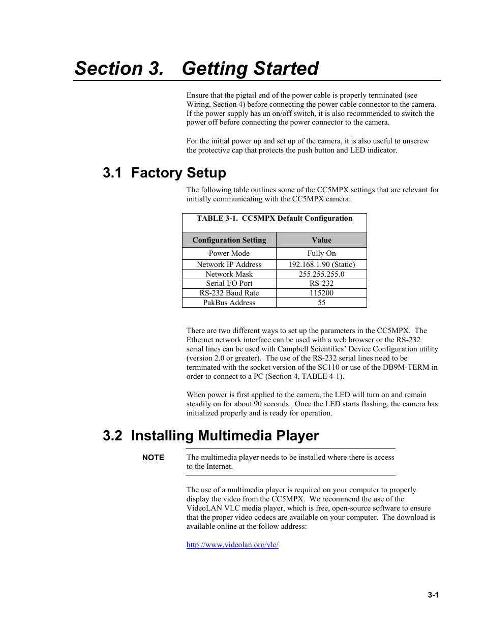 Section 3. getting started, 1 factory setup, 2 installing multimedia player | Getting started, Factory setup -1, Installing multimedia player -1, Table 3-1. cc5mpx default configuration -1 | Campbell Scientific CC5MPX and CC5MPXWD Digital Network Cameras User Manual | Page 15 / 130