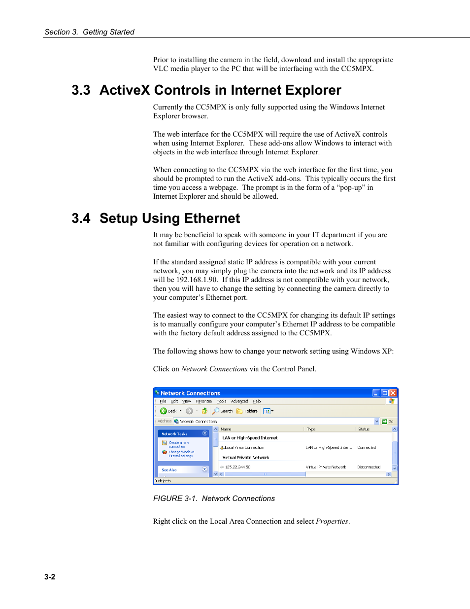 3 activex controls in internet explorer, 4 setup using ethernet, Activex controls in internet explorer -2 | Setup using ethernet -2, Figure 3-1. network connections -2 | Campbell Scientific CC5MPX and CC5MPXWD Digital Network Cameras User Manual | Page 16 / 130
