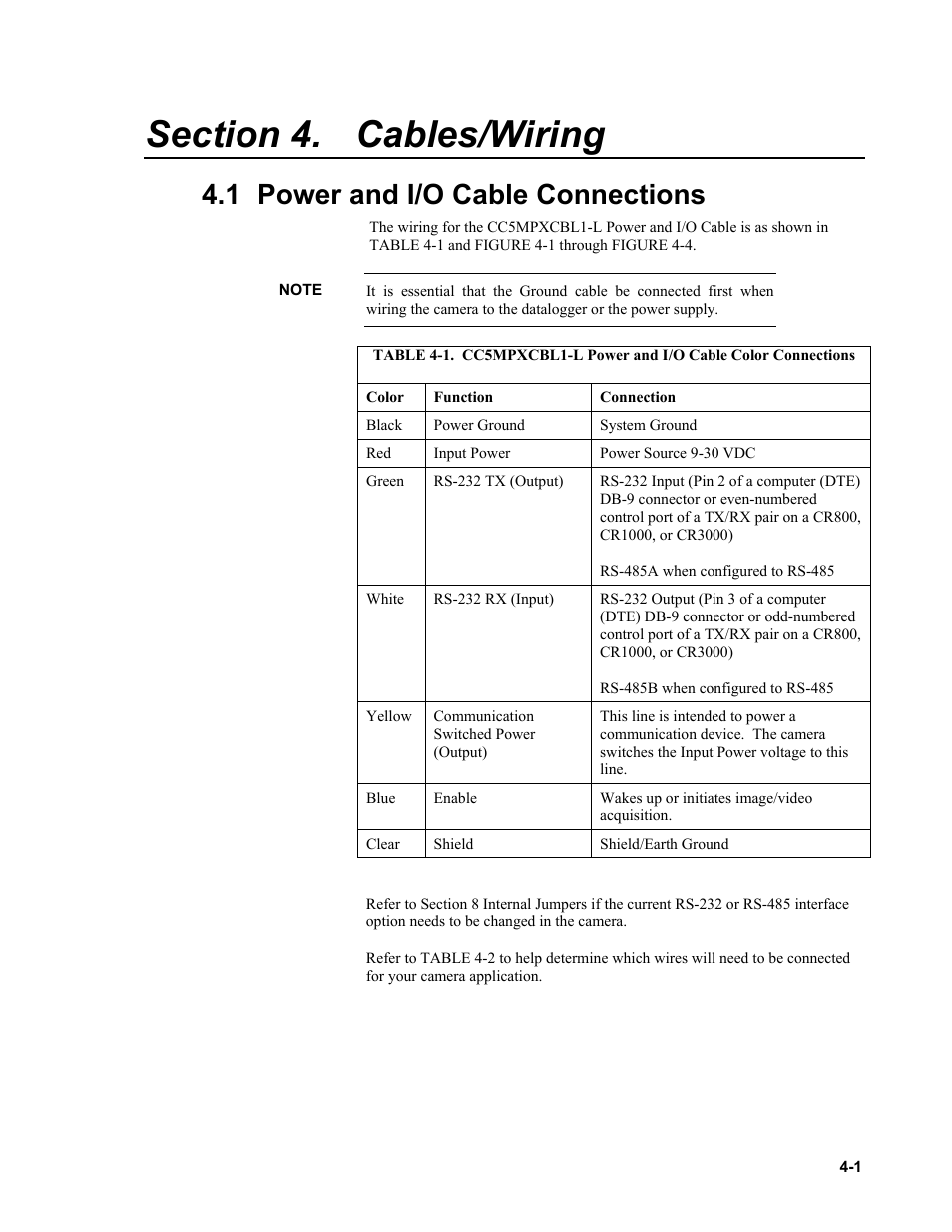 Section 4. cables/wiring, 1 power and i/o cable connections, Cables/wiring | Power and i/o cable connections -1 | Campbell Scientific CC5MPX and CC5MPXWD Digital Network Cameras User Manual | Page 23 / 130