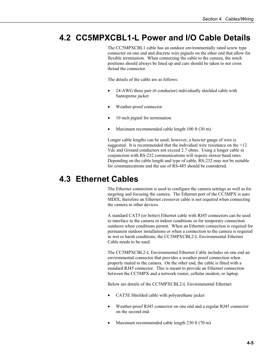 2 cc5mpxcbl1-l power and i/o cable details, 3 ethernet cables, Cc5mpxcbl1-l power and i/o cable details -5 | Ethernet cables -5 | Campbell Scientific CC5MPX and CC5MPXWD Digital Network Cameras User Manual | Page 27 / 130