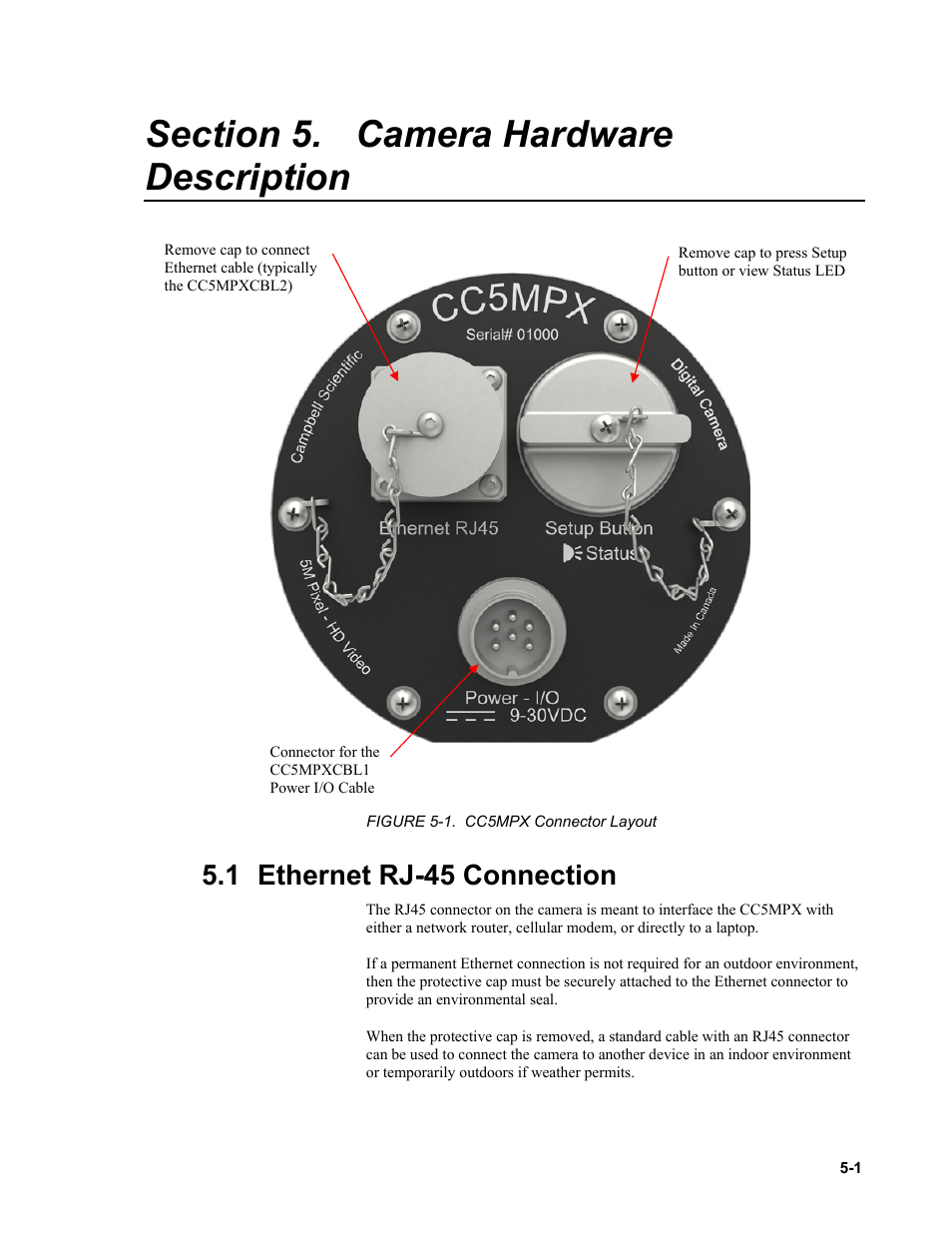 Section 5. camera hardware description, 1 ethernet rj-45 connection, Camera hardware description -1 | Ethernet rj-45 connection -1, Figure 5-1. cc5mpx connector layout -1 | Campbell Scientific CC5MPX and CC5MPXWD Digital Network Cameras User Manual | Page 29 / 130