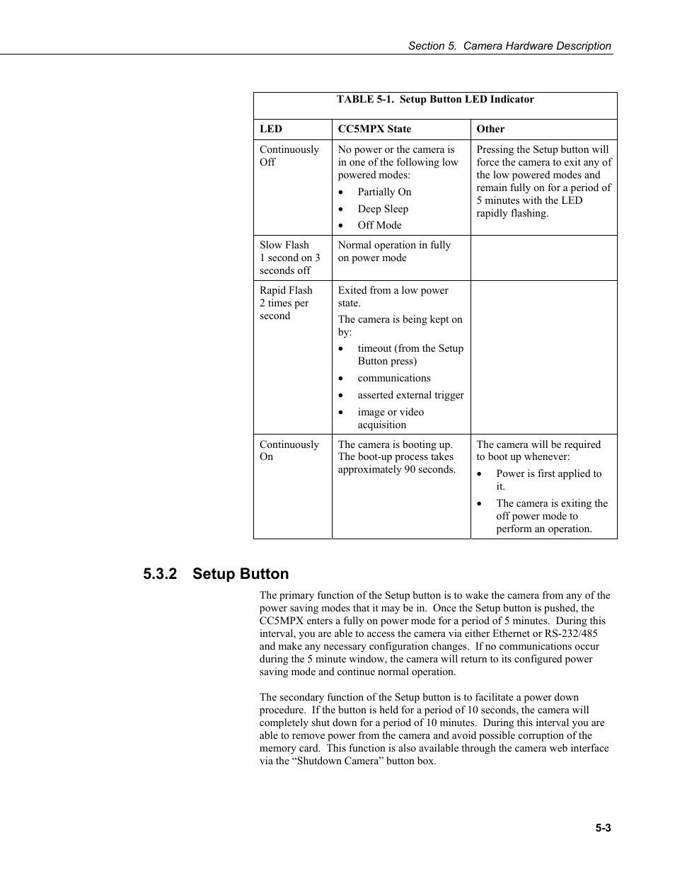 2 setup button, Setup button -3, Table 5-1. setup button led indicator -3 | Campbell Scientific CC5MPX and CC5MPXWD Digital Network Cameras User Manual | Page 31 / 130