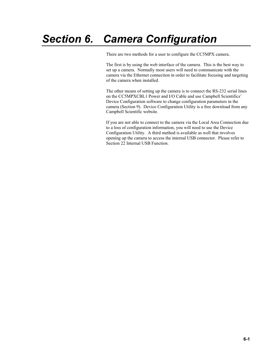 Section 6. camera configuration, Camera configuration | Campbell Scientific CC5MPX and CC5MPXWD Digital Network Cameras User Manual | Page 35 / 130