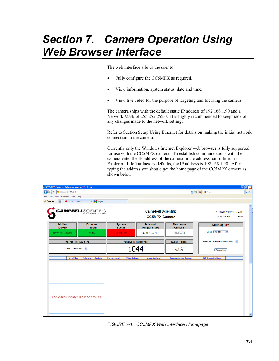 Camera operation using web browser interface | Campbell Scientific CC5MPX and CC5MPXWD Digital Network Cameras User Manual | Page 37 / 130