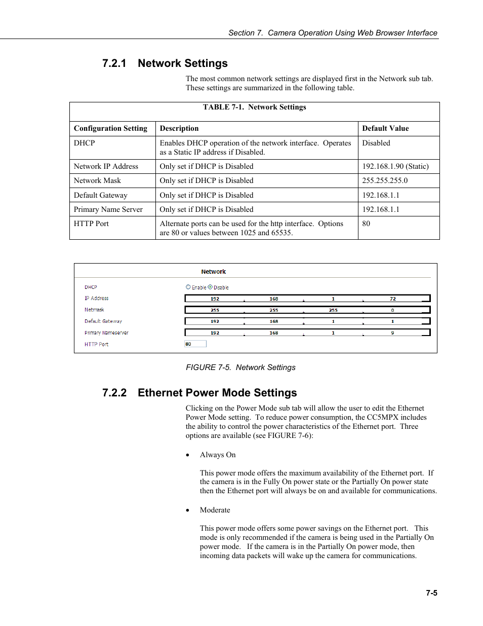 1 network settings, 2 ethernet power mode settings, Network settings -5 | Ethernet power mode settings -5, Figure 7-5. network settings -5, Table 7-1. network settings -5 | Campbell Scientific CC5MPX and CC5MPXWD Digital Network Cameras User Manual | Page 41 / 130
