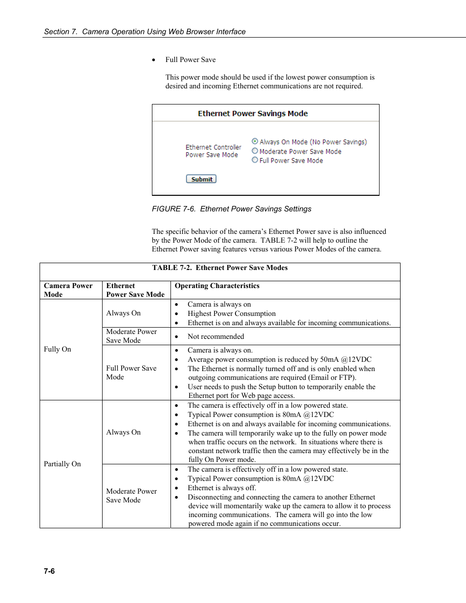 Figure 7-6. ethernet power savings settings -6, Table 7-2. ethernet power save modes -6 | Campbell Scientific CC5MPX and CC5MPXWD Digital Network Cameras User Manual | Page 42 / 130