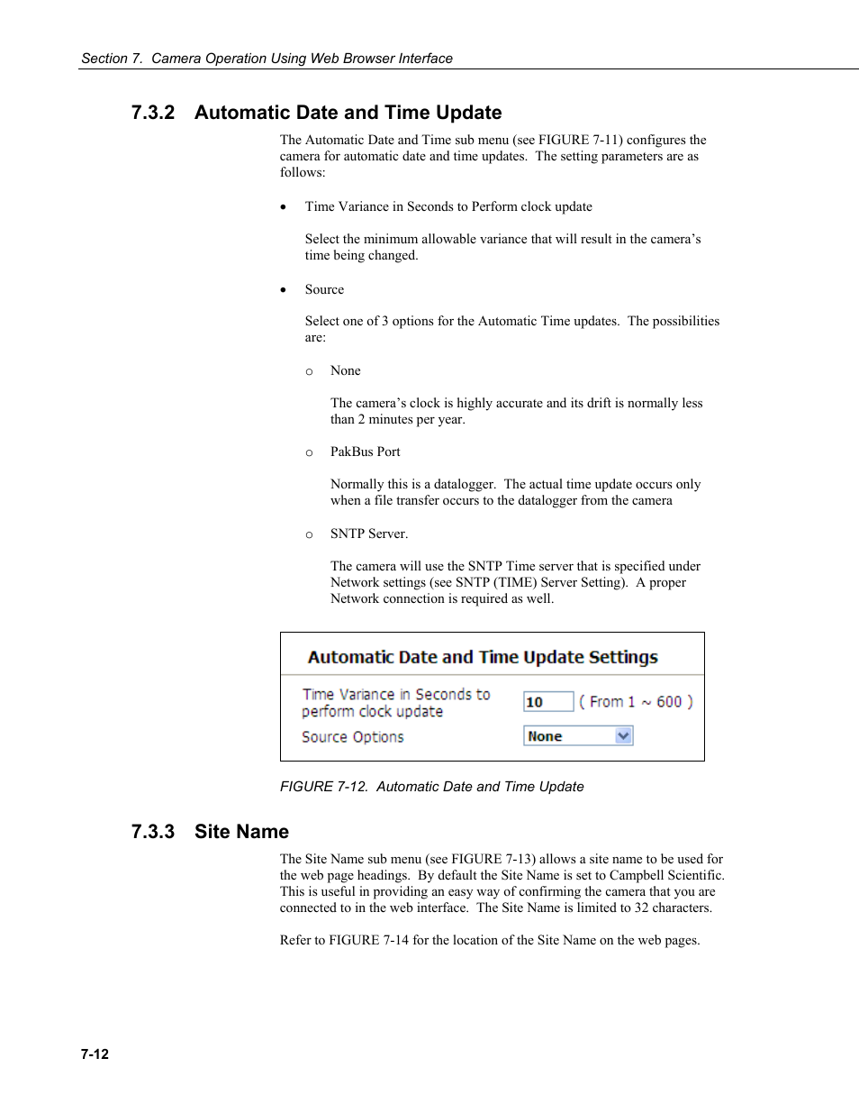 2 automatic date and time update, 3 site name, Automatic date and time update -12 | Site name -12, Figure 7-12. automatic date and time update -12 | Campbell Scientific CC5MPX and CC5MPXWD Digital Network Cameras User Manual | Page 48 / 130