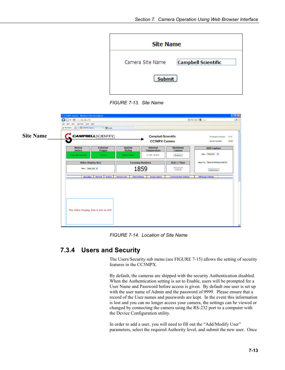 4 users and security, Users and security -13, Figure 7-13. site name -13 | Figure 7-14. location of site name -13, Figure 7-13, Figure 7-14 | Campbell Scientific CC5MPX and CC5MPXWD Digital Network Cameras User Manual | Page 49 / 130