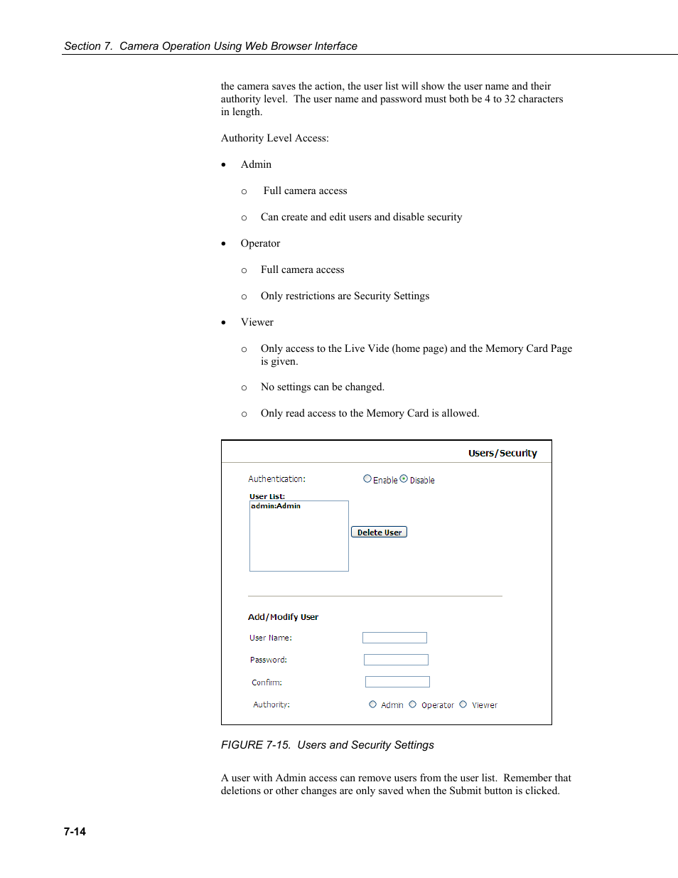 Figure 7-15. users and security settings -14 | Campbell Scientific CC5MPX and CC5MPXWD Digital Network Cameras User Manual | Page 50 / 130