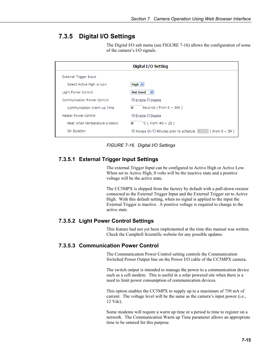 5 digital i/o settings, 1 external trigger input settings, 2 light power control settings | 3 communication power control, Digital i/o settings -15, Figure 7-16. digital i/o settings -15 | Campbell Scientific CC5MPX and CC5MPXWD Digital Network Cameras User Manual | Page 51 / 130