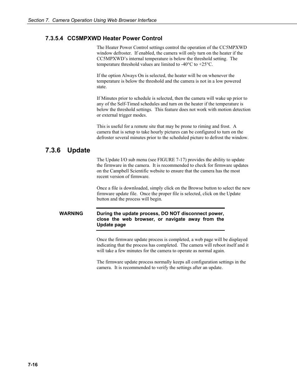 4 cc5mpxwd heater power control, 6 update, Update -16 | Campbell Scientific CC5MPX and CC5MPXWD Digital Network Cameras User Manual | Page 52 / 130