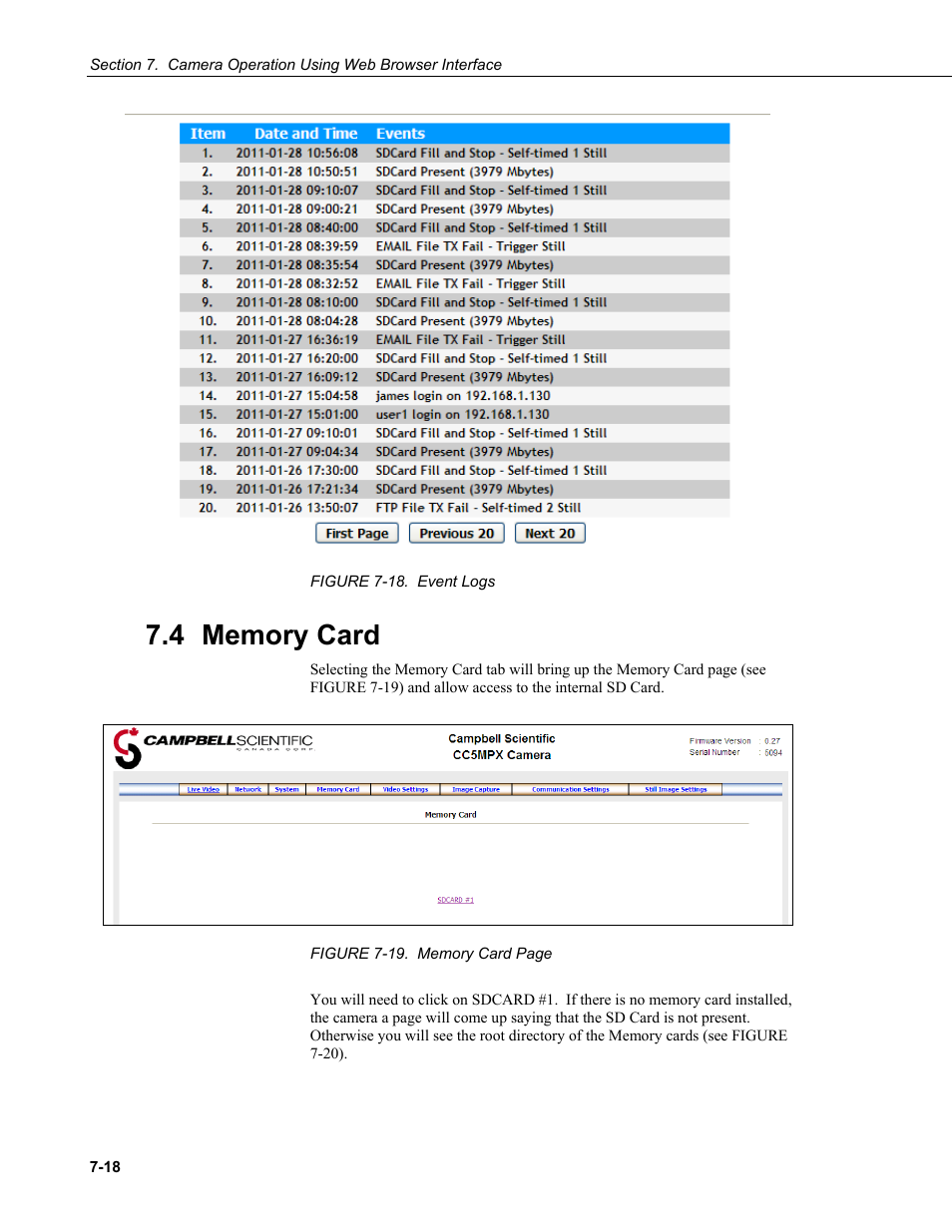 4 memory card, Memory card -18, Figure 7-18. event logs -18 | Campbell Scientific CC5MPX and CC5MPXWD Digital Network Cameras User Manual | Page 54 / 130