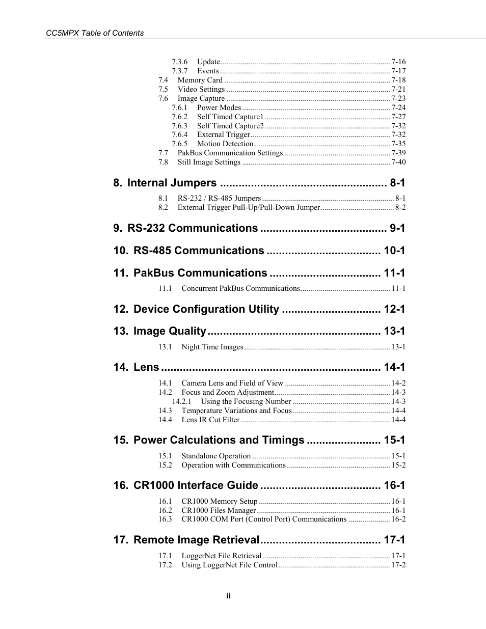 Internal jumpers - 1, Rs-232 communications - 1, Rs-485 communications - 1 | Pakbus communications - 1, Device configuration utility - 1, Image quality - 1, Lens - 1, Power calculations and timings - 1, Remote image retrieval - 1 | Campbell Scientific CC5MPX and CC5MPXWD Digital Network Cameras User Manual | Page 6 / 130