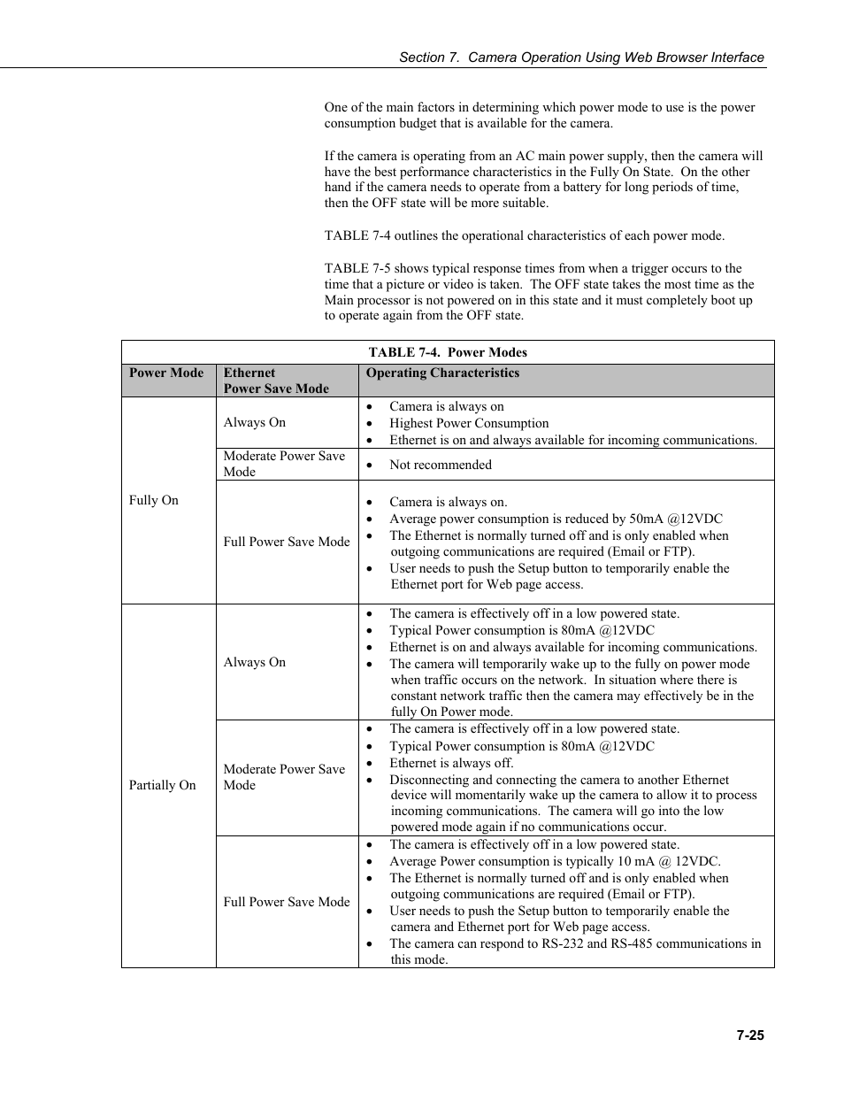 Table 7-4. power modes -25 | Campbell Scientific CC5MPX and CC5MPXWD Digital Network Cameras User Manual | Page 61 / 130