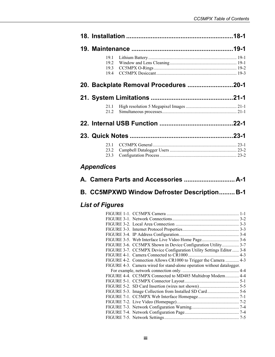 Installation - 1, Maintenance -1, Backplate removal procedures -1 | System limitations - 1, Internal usb function - 1 | Campbell Scientific CC5MPX and CC5MPXWD Digital Network Cameras User Manual | Page 7 / 130