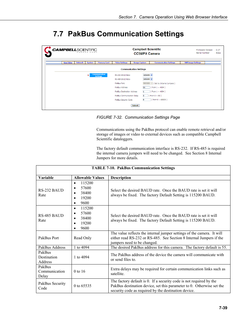 7 pakbus communication settings, Pakbus communication settings -39, Table 7-10. pakbus communication settings -39 | Campbell Scientific CC5MPX and CC5MPXWD Digital Network Cameras User Manual | Page 75 / 130
