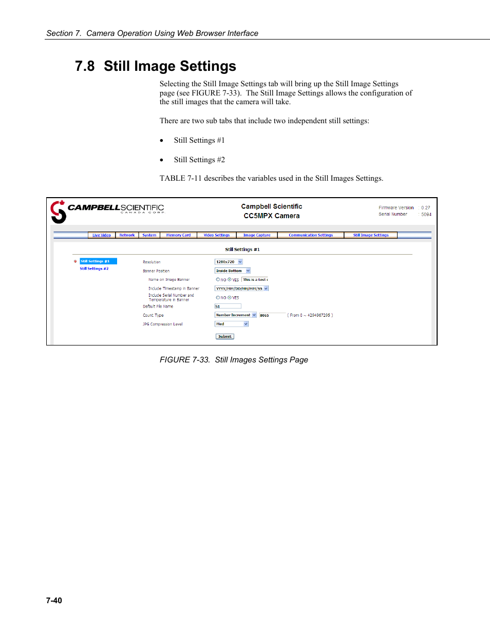 8 still image settings, Still image settings -40 | Campbell Scientific CC5MPX and CC5MPXWD Digital Network Cameras User Manual | Page 76 / 130