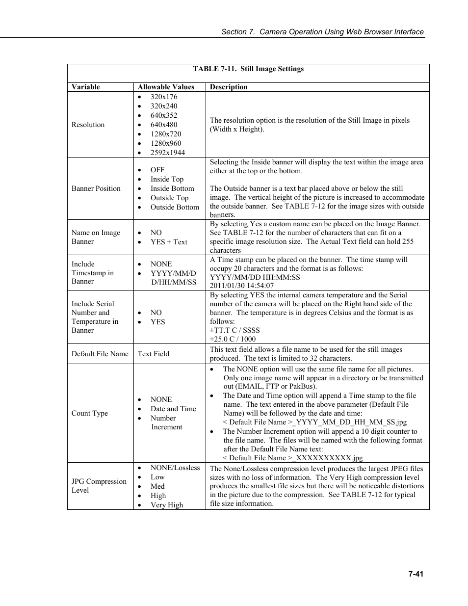 Table 7-11. still image settings -41 | Campbell Scientific CC5MPX and CC5MPXWD Digital Network Cameras User Manual | Page 77 / 130