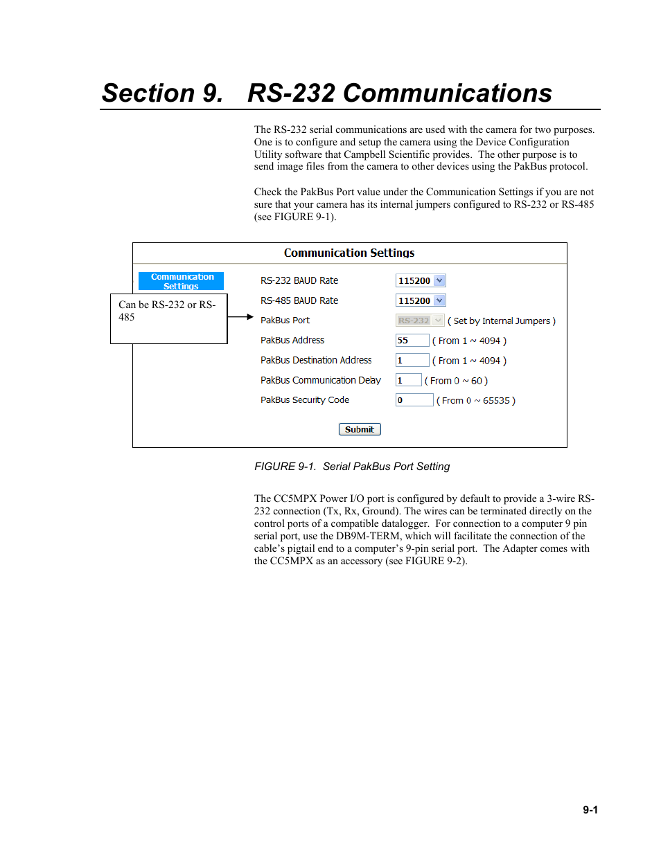 Section 9. rs-232 communications, Rs-232 communications, Figure 9-1. serial pakbus port setting -1 | Campbell Scientific CC5MPX and CC5MPXWD Digital Network Cameras User Manual | Page 81 / 130