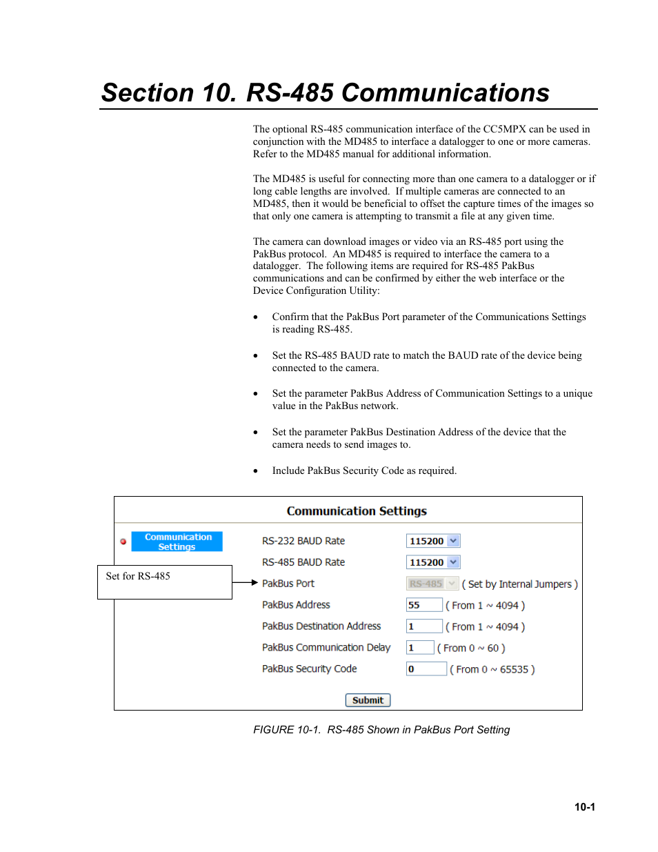 Section 10. rs-485 communications, Rs-485 communications | Campbell Scientific CC5MPX and CC5MPXWD Digital Network Cameras User Manual | Page 83 / 130