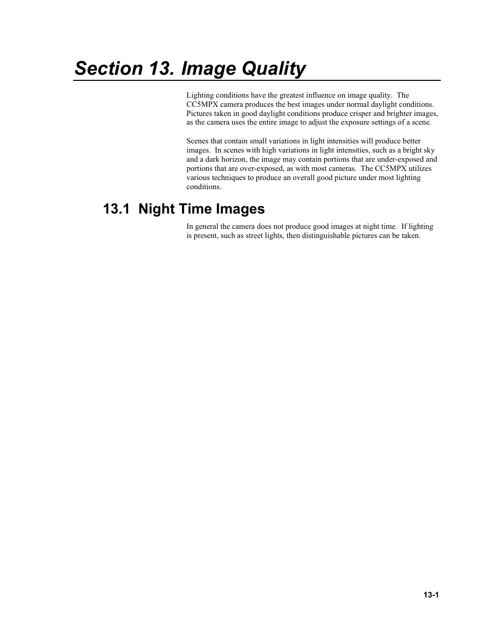 Section 13. image quality, 1 night time images, Image quality | Night time images -1 | Campbell Scientific CC5MPX and CC5MPXWD Digital Network Cameras User Manual | Page 89 / 130