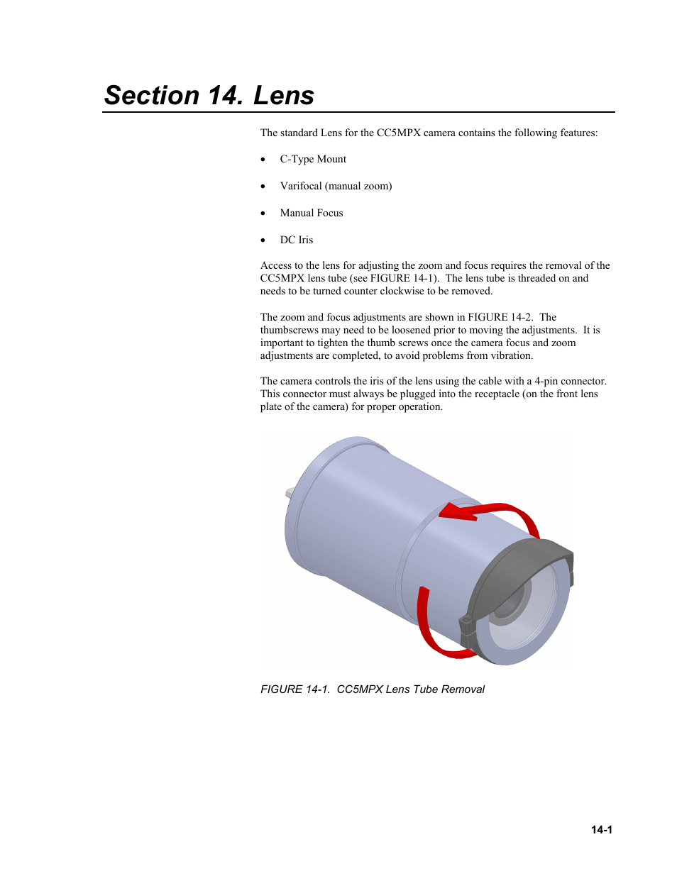 Section 14. lens, Lens, Figure 14-1. cc5mpx lens tube removal -1 | Campbell Scientific CC5MPX and CC5MPXWD Digital Network Cameras User Manual | Page 91 / 130