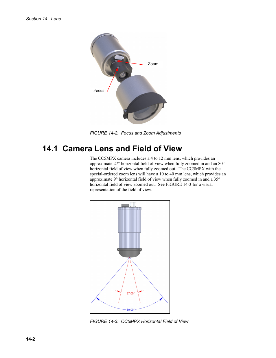 1 camera lens and field of view, Camera lens and field of view -2, Figure 14-2. focus and zoom adjustments -2 | Figure 14-3. cc5mpx horizontal field of view -2 | Campbell Scientific CC5MPX and CC5MPXWD Digital Network Cameras User Manual | Page 92 / 130