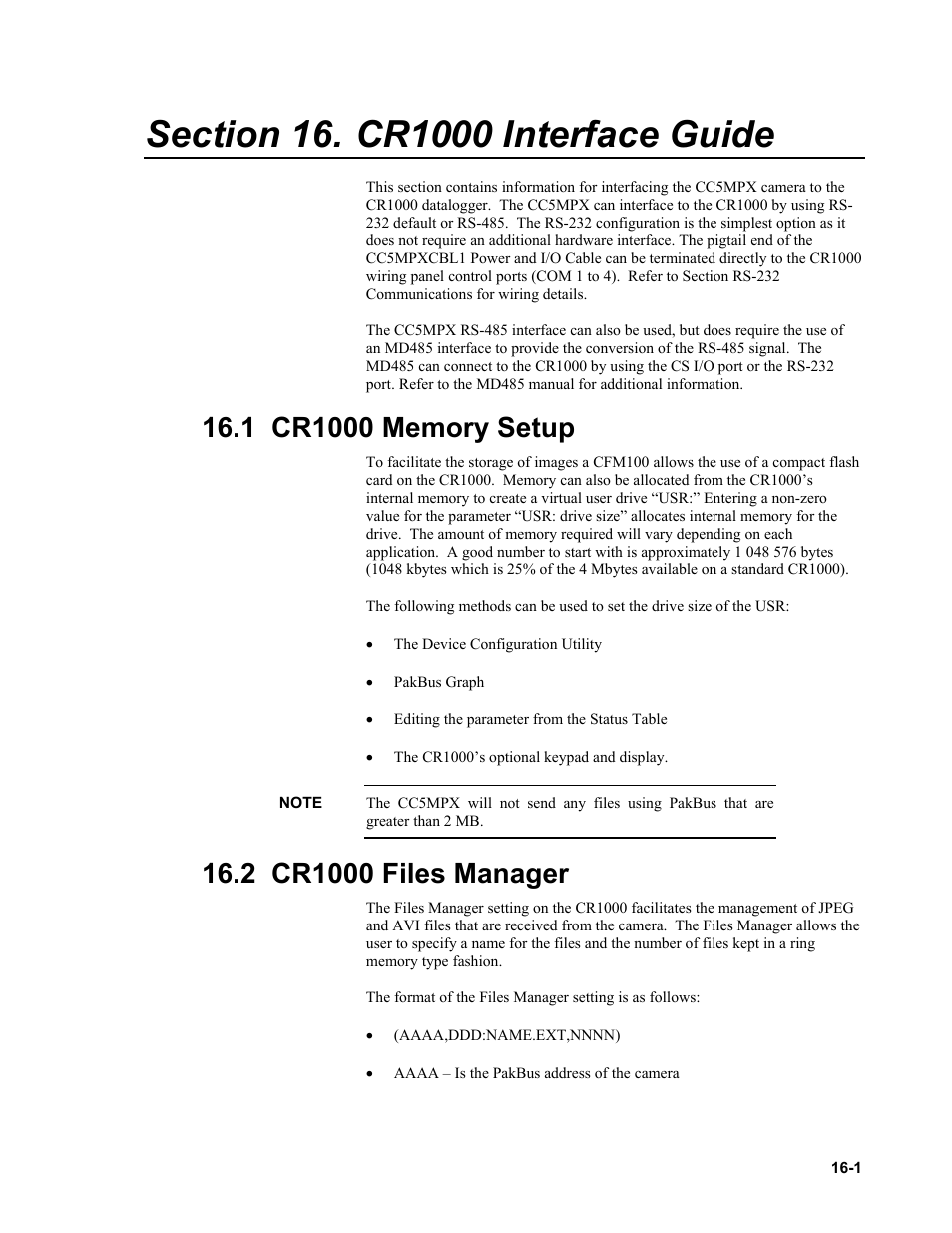 Section 16. cr1000 interface guide, 1 cr1000 memory setup, 2 cr1000 files manager | Cr1000 interface guide, Cr1000 memory setup -1, Cr1000 files manager -1 | Campbell Scientific CC5MPX and CC5MPXWD Digital Network Cameras User Manual | Page 99 / 130