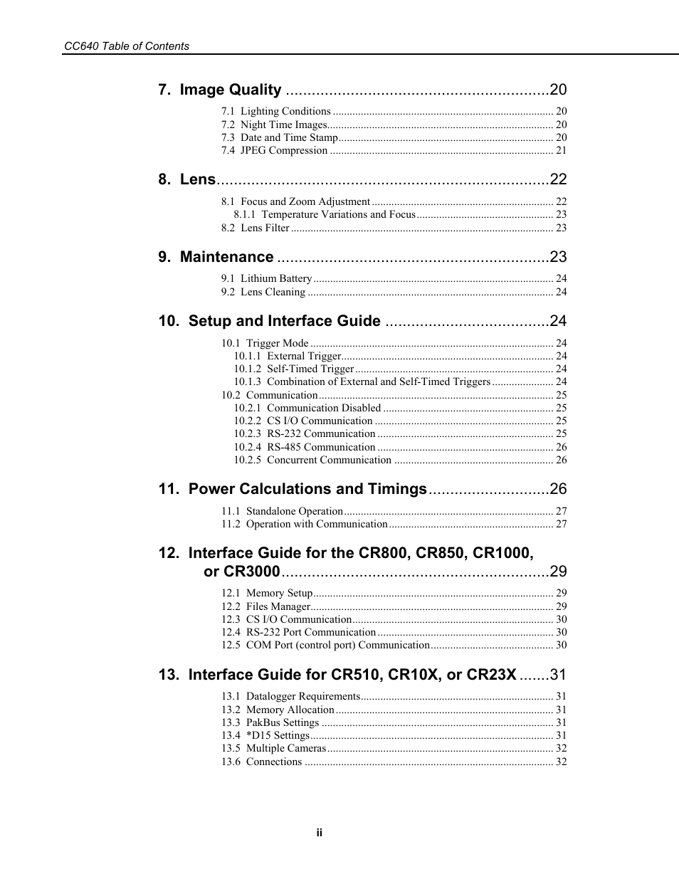 Image quality, Lens, Maintenance | Setup and interface guide, Power calculations and timings | Campbell Scientific CC640 Digital Camera User Manual | Page 4 / 58