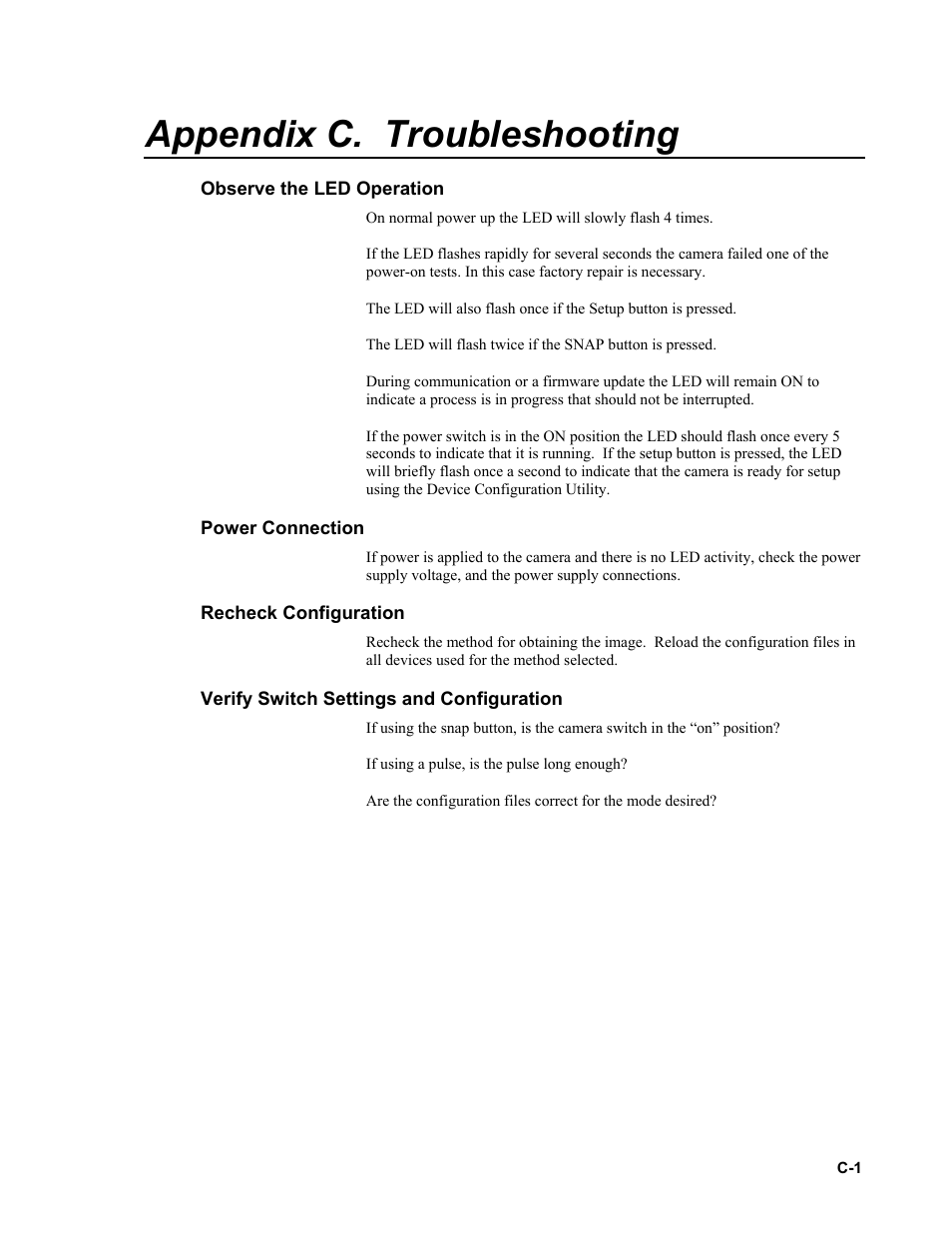 Appendix c. troubleshooting, Observe the led operation, Power connection | Recheck configuration, Verify switch settings and configuration | Campbell Scientific CC640 Digital Camera User Manual | Page 53 / 58